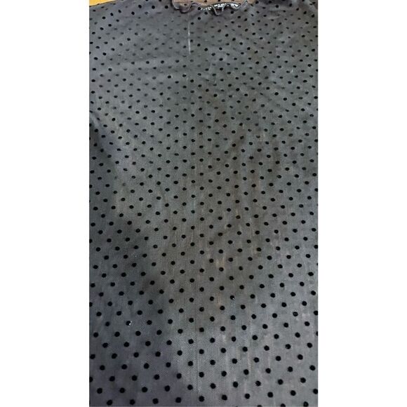 Zara Women's Mock Neck Lettuce Trim Polka Dot Mesh Top Blouse Black Size Small - Picture 3 of 10